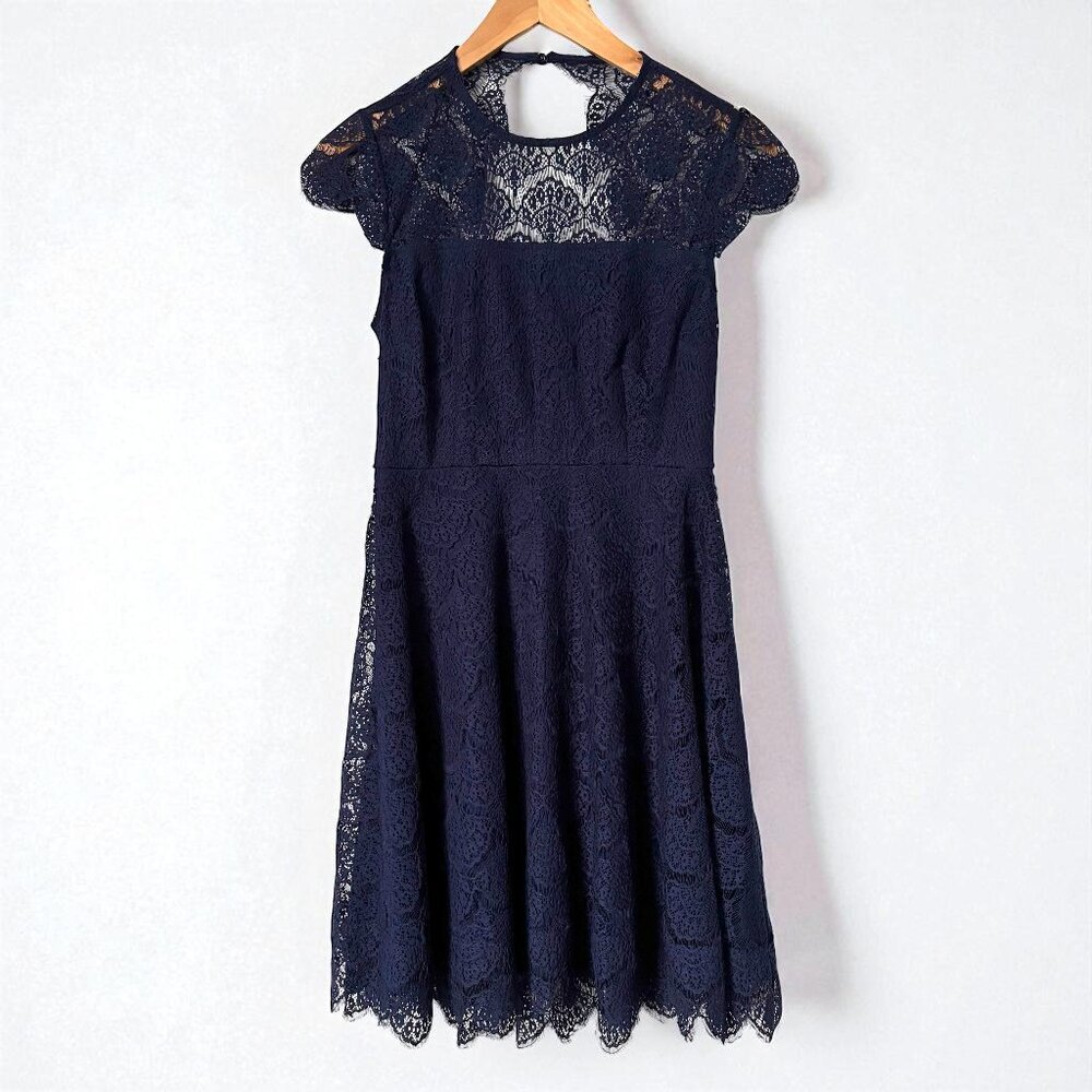 Eliza J Scallop Lace Navy Blue Fit and Flare Mini Dress Womens 0 Wedding Guest